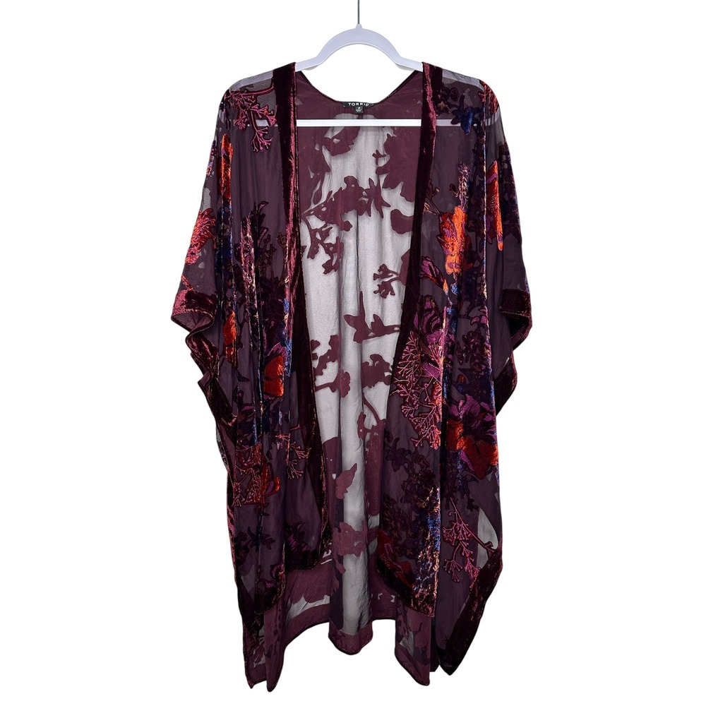Torrid Kimono Wrap Size 2X Purple Velvet Burnout Floral Sheer Whimsigoth Boho